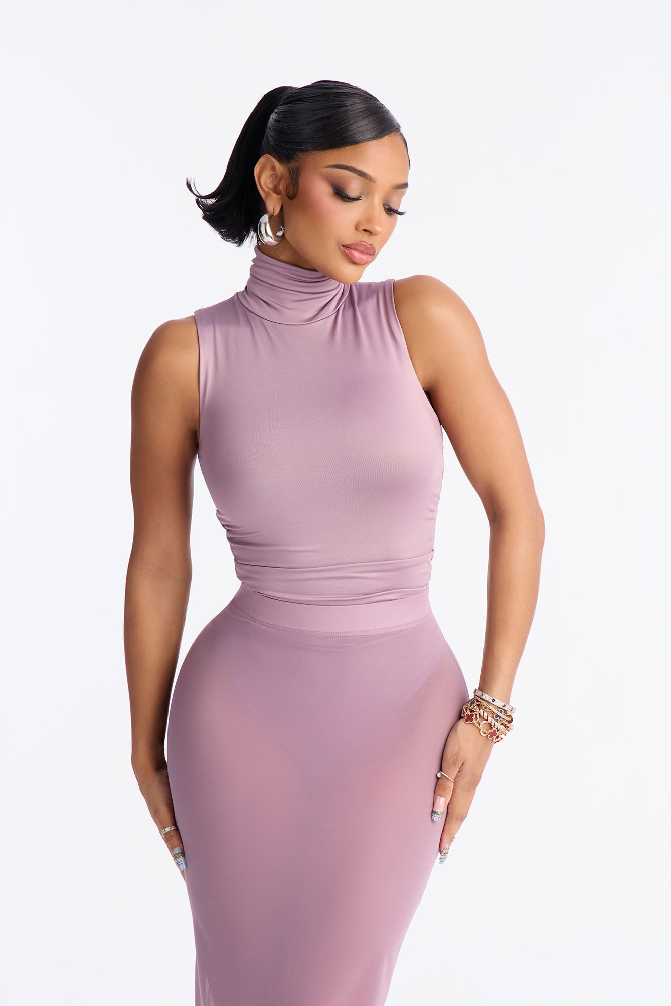 Contour Bodysuit And Power Mesh Maxi Skirt Set - Lavender