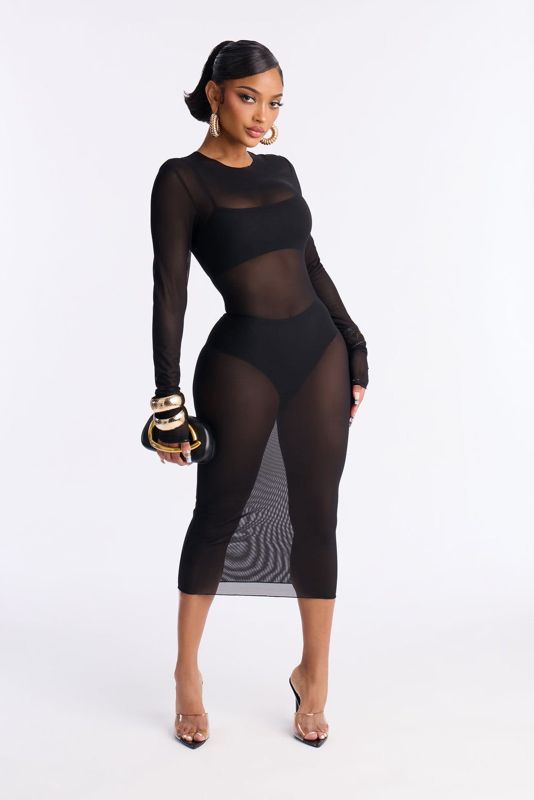 Power Mesh Long Sleeve Midi Dress - Black