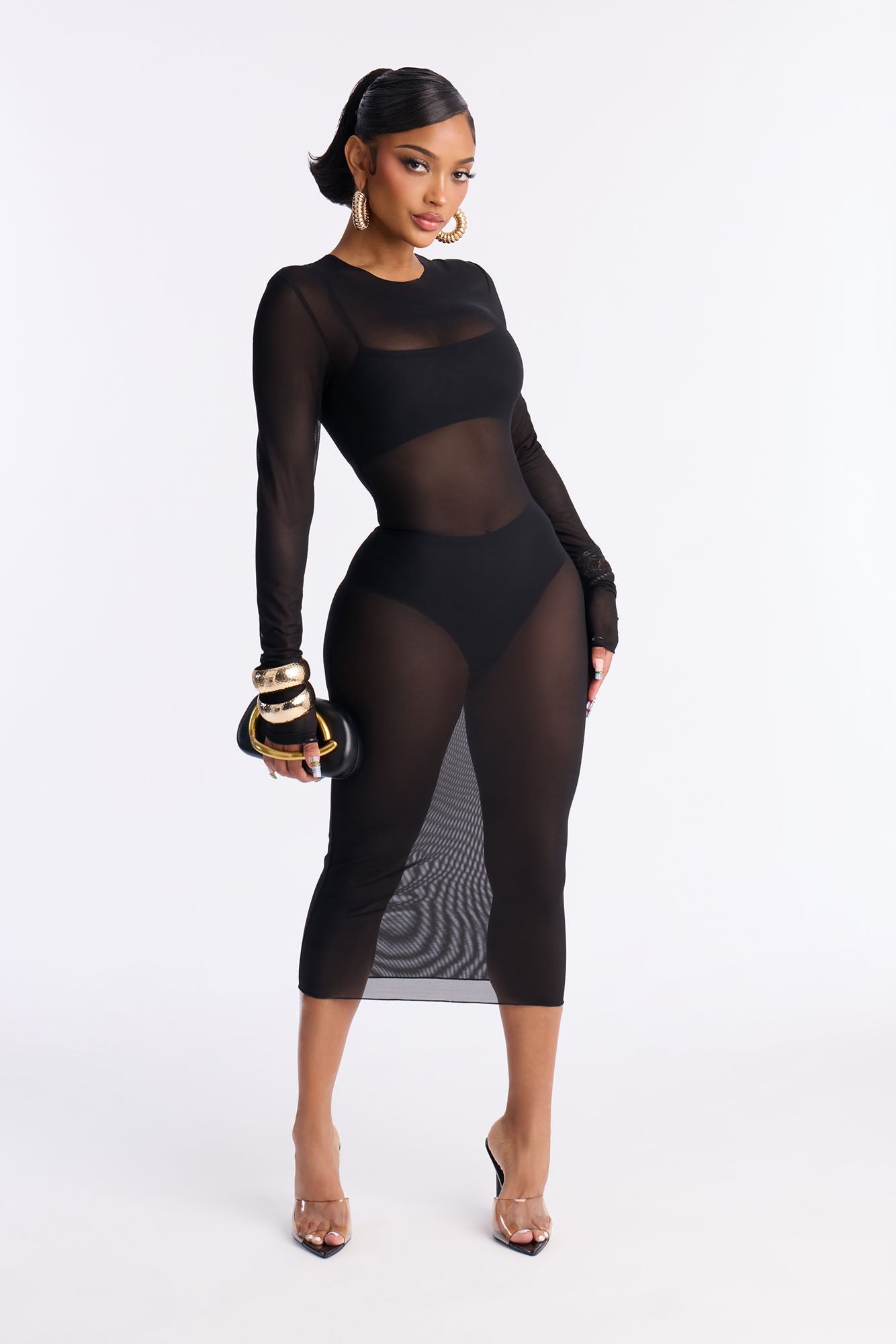 Power Mesh Long Sleeve Midi Dress - Black