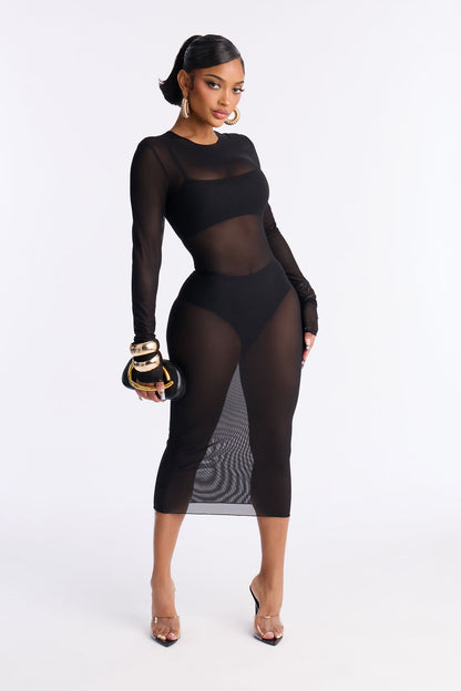 Power Mesh Long Sleeve Midi Dress - Black