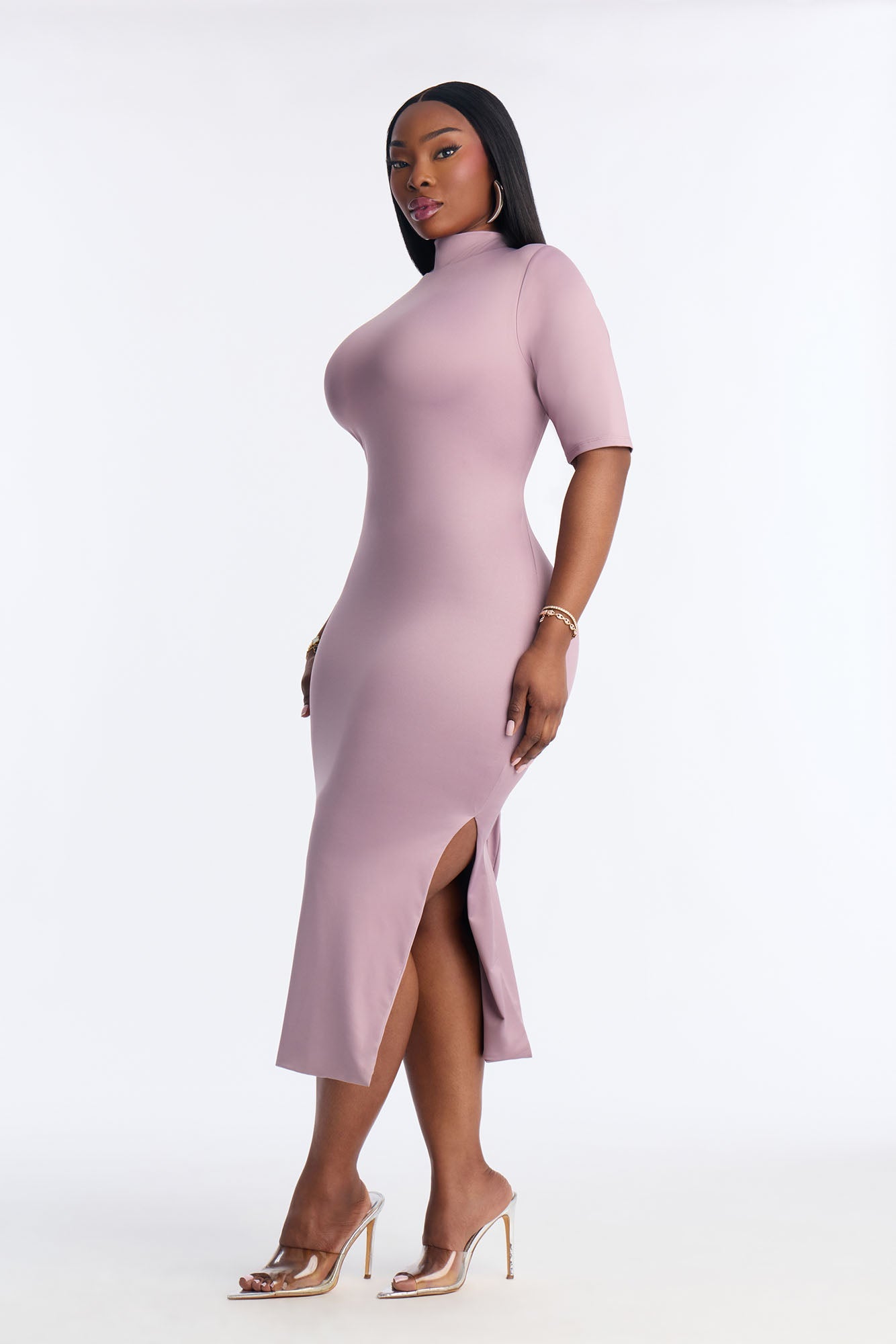 Contour Double Lined Turtle Neck Midi Dress - Lavender