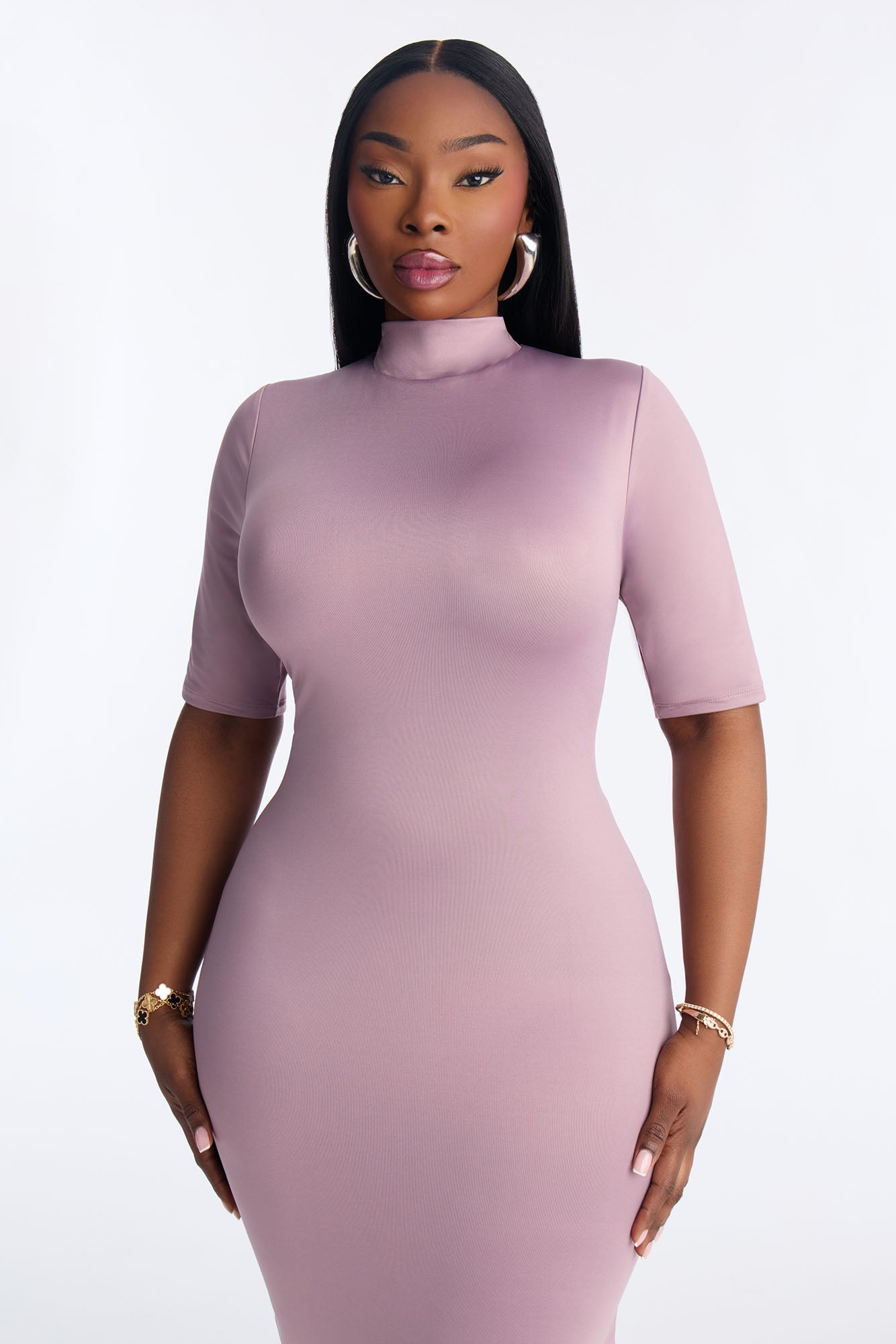 Contour Double Lined Turtle Neck Midi Dress - Lavender