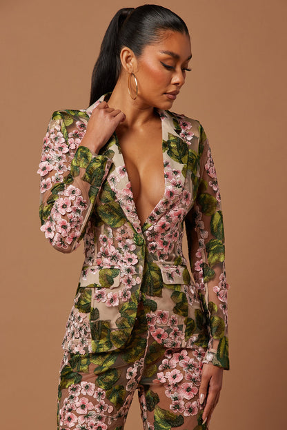 Elodie Floral Embroidered Blazer - Pink/combo
