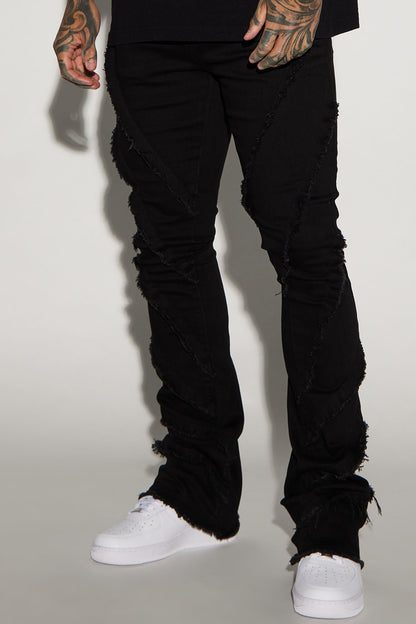 Slanted Fray Stacked Skinny Flare Jeans - Black