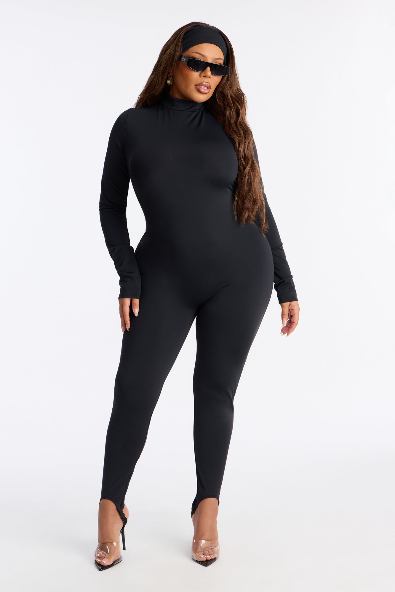 Amaya Mock Neck Stirrup 2 Piece Catsuit - Black