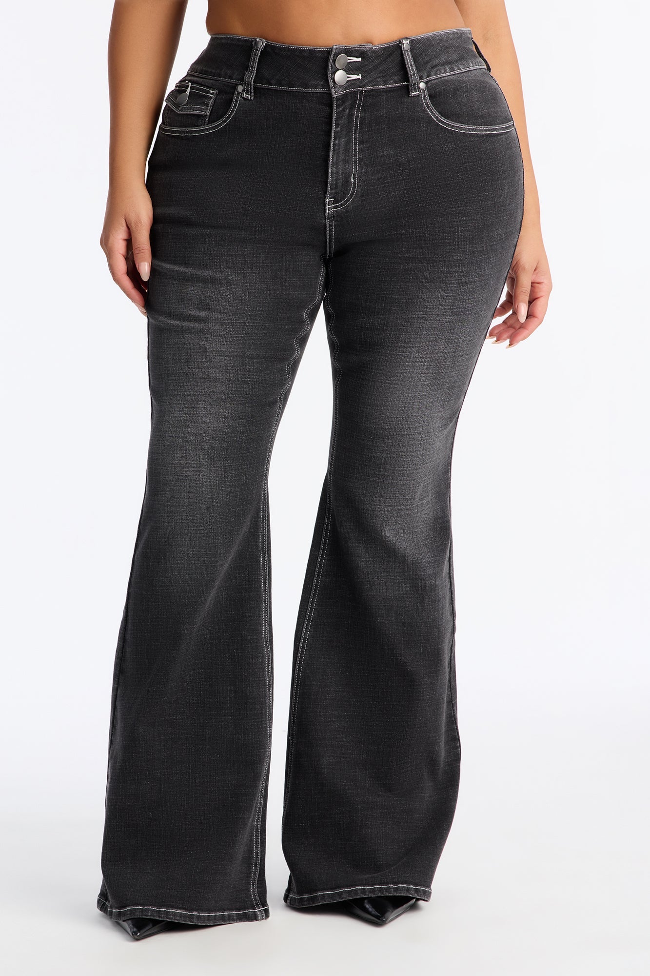 Throwback Flap Pocket Stretch Flare Jeans - Grey