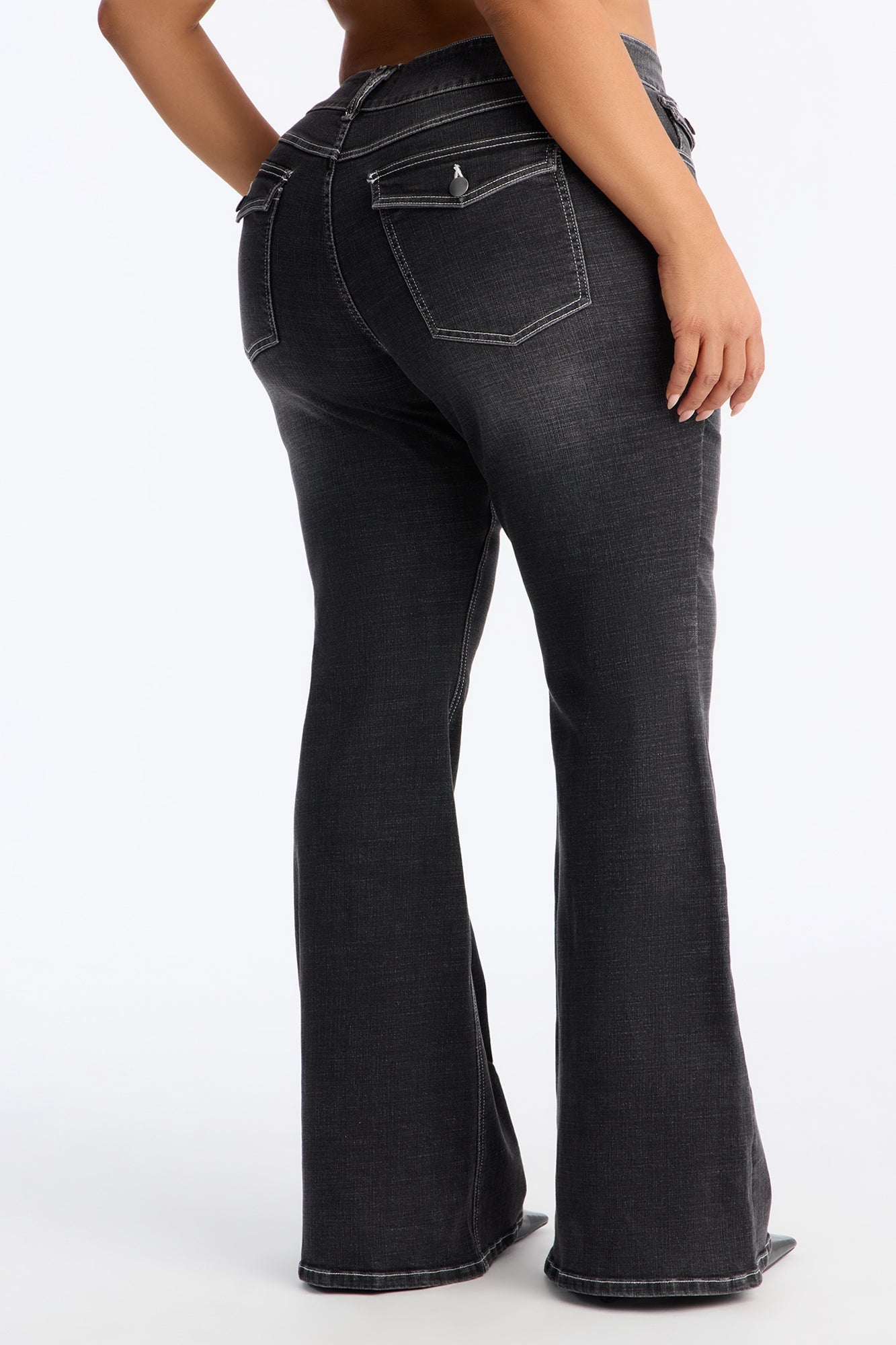 Throwback Flap Pocket Stretch Flare Jeans - Grey