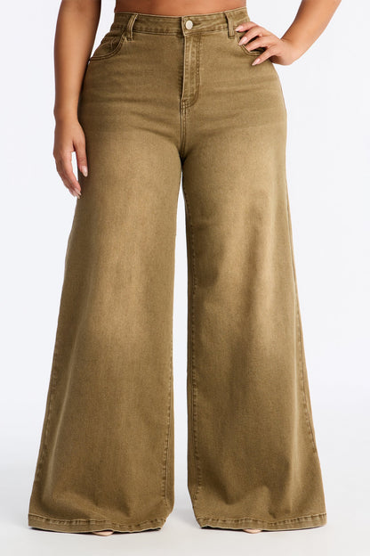 One Step Closer Wide Leg Jeans - Olive