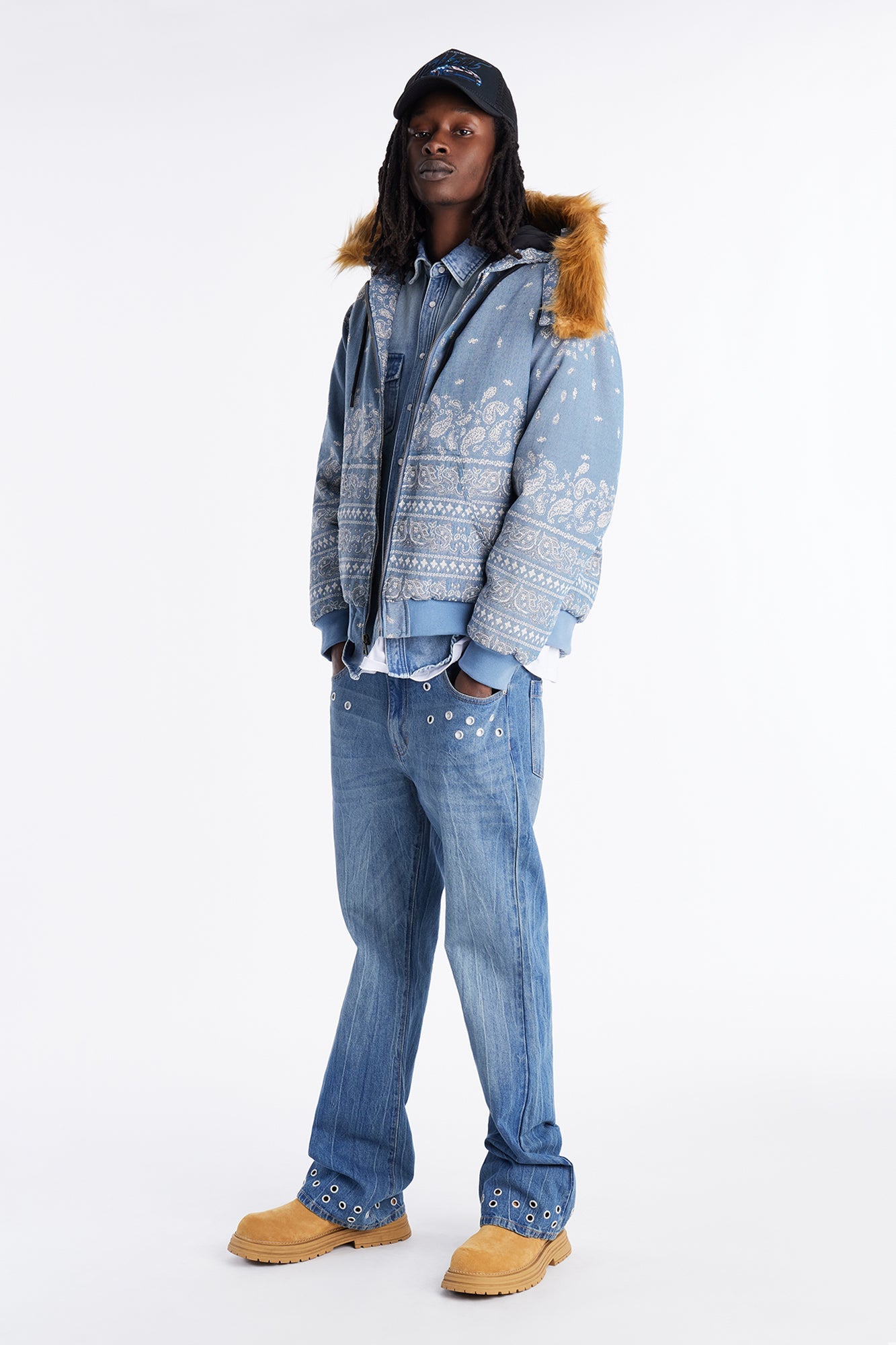Hooded Padded Paisley Jacquard Parka - Blue