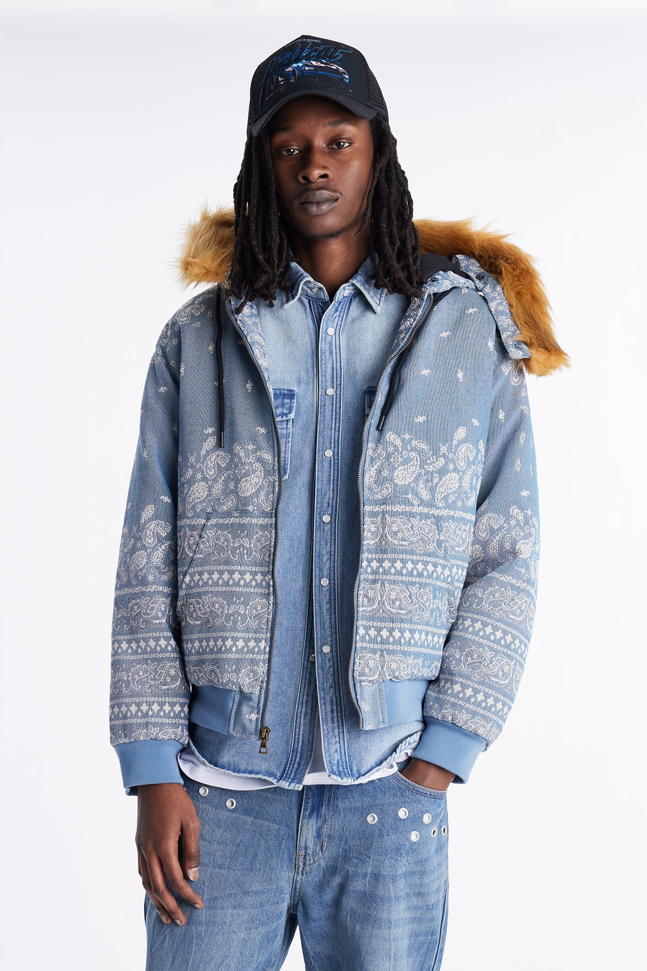 Hooded Padded Paisley Jacquard Parka - Blue