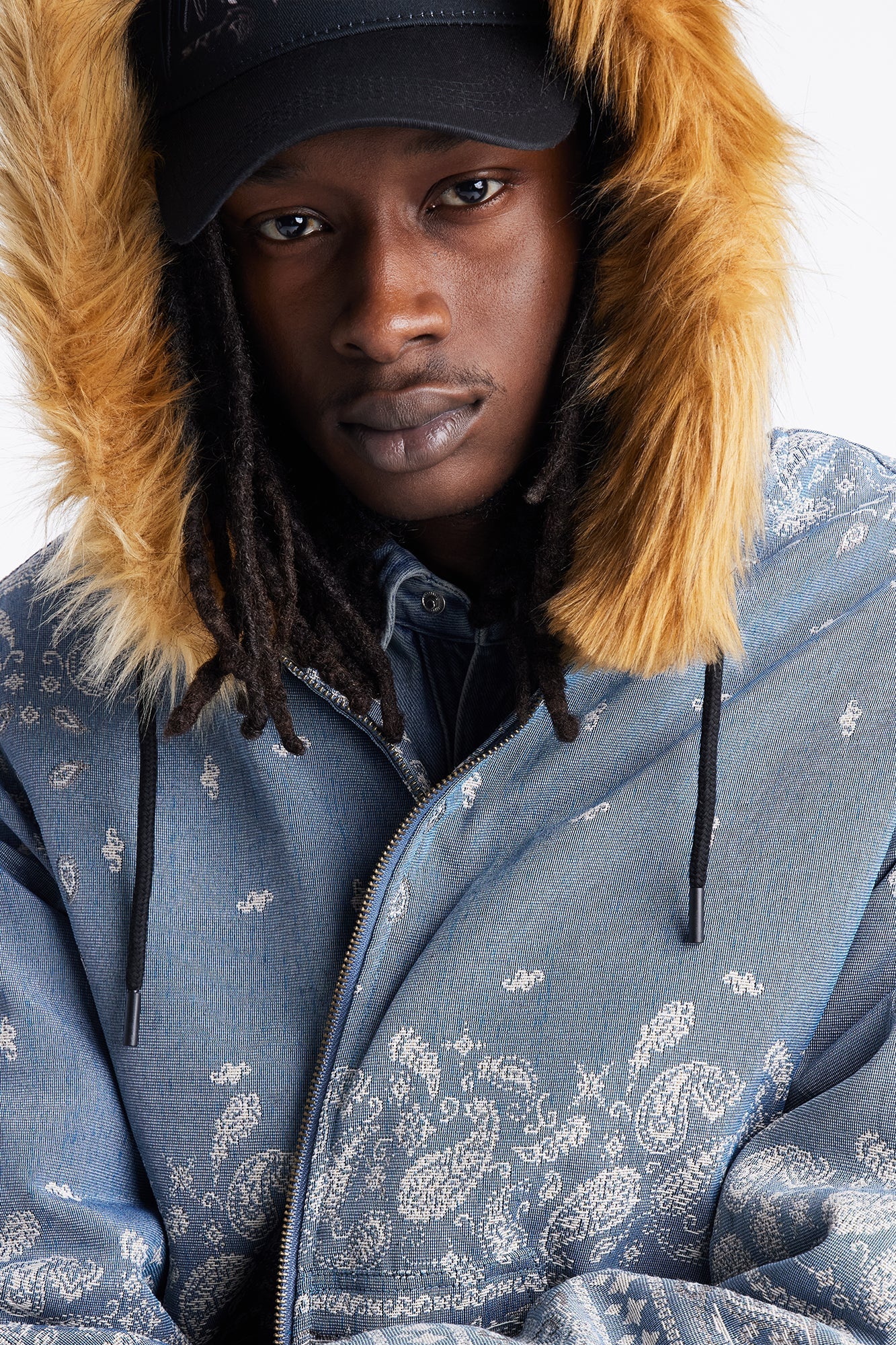 Hooded Padded Paisley Jacquard Parka - Blue
