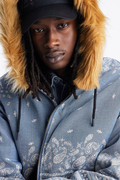 Hooded Padded Paisley Jacquard Parka - Blue