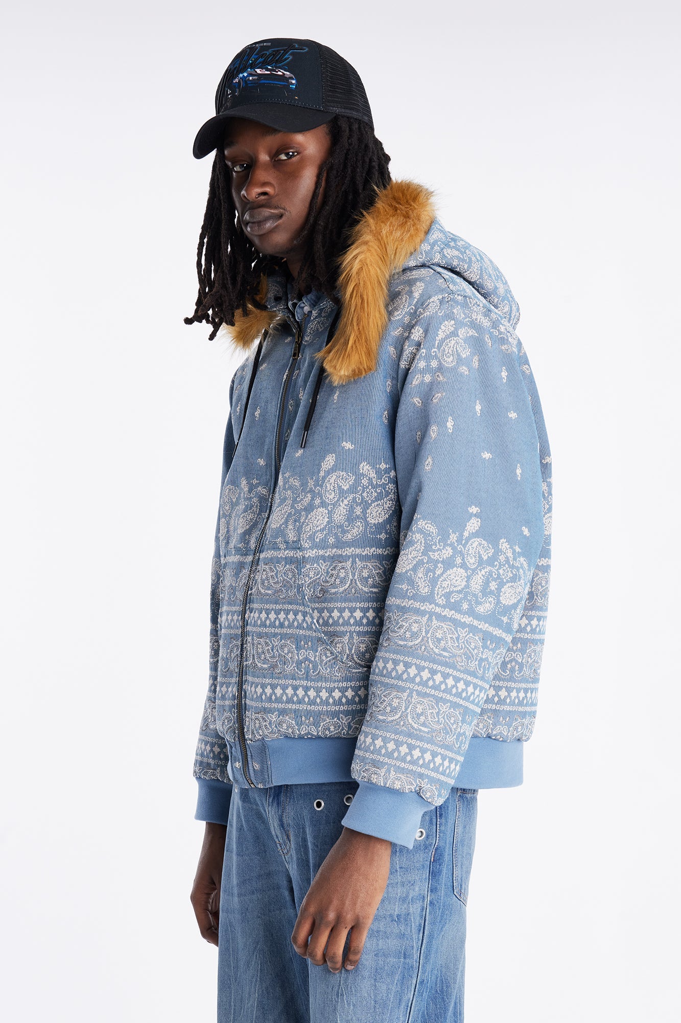 Hooded Padded Paisley Jacquard Parka - Blue
