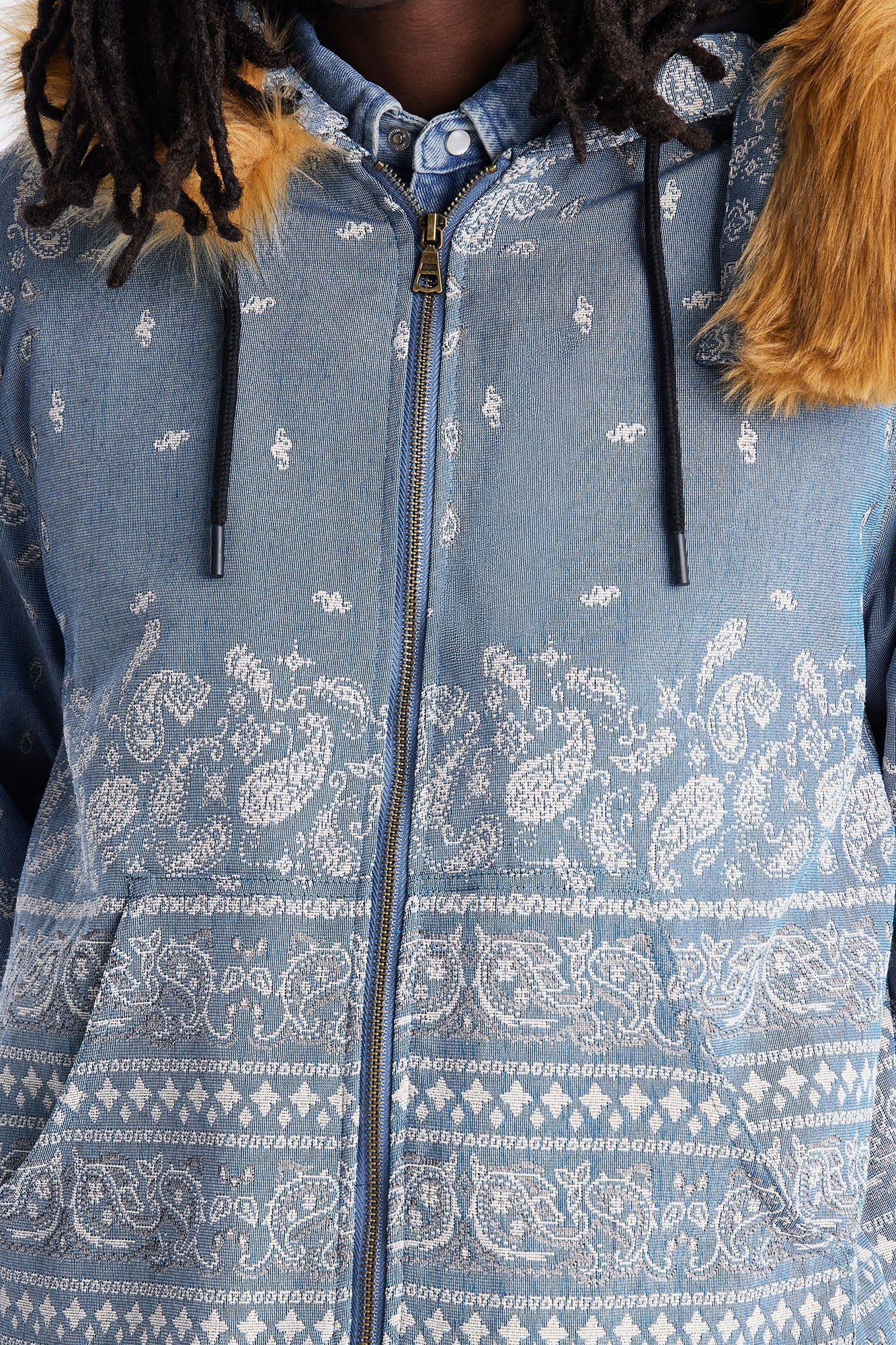 Hooded Padded Paisley Jacquard Parka - Blue