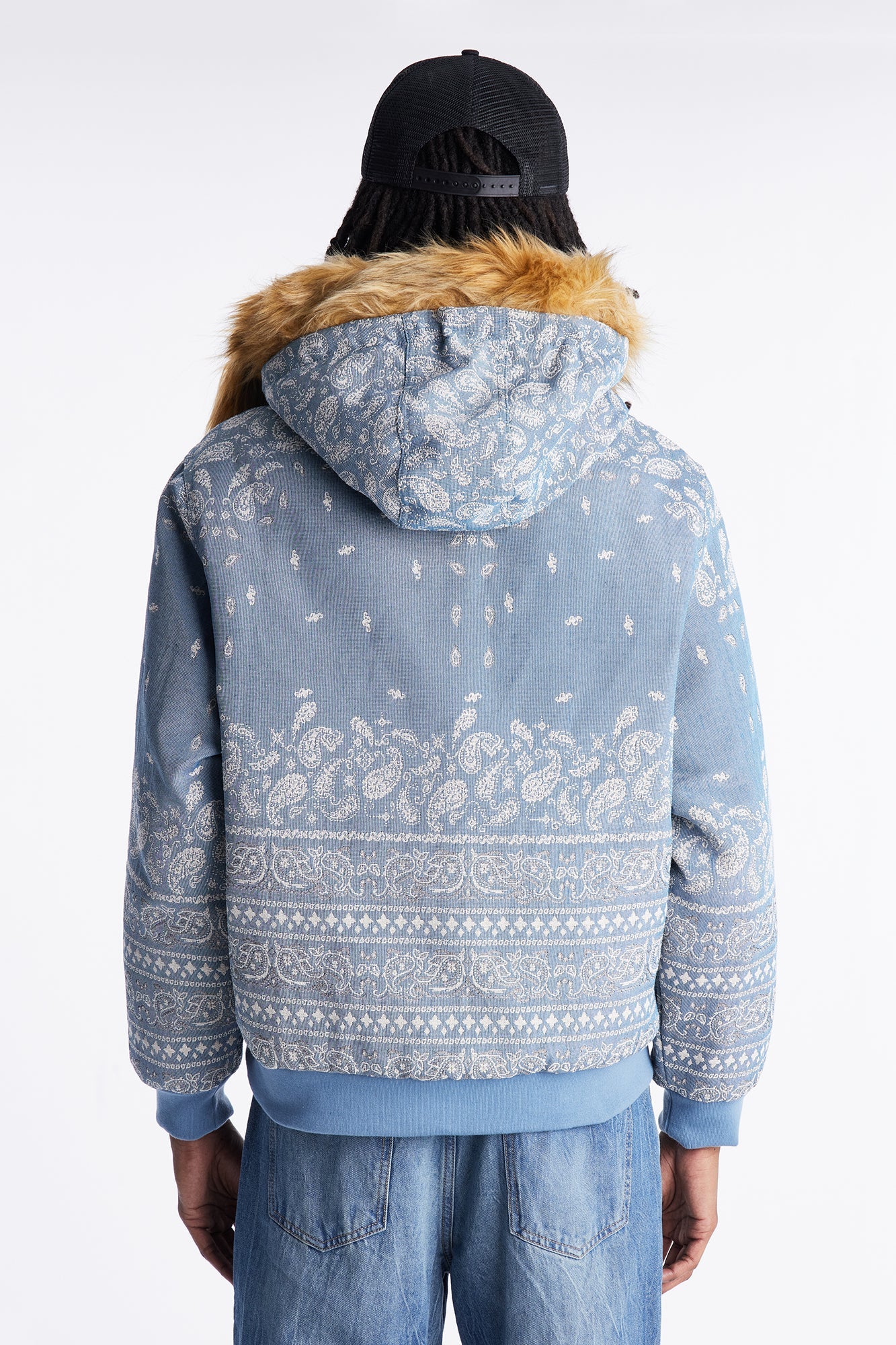 Hooded Padded Paisley Jacquard Parka - Blue