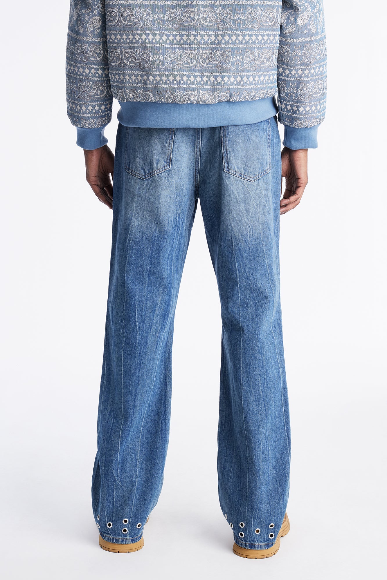 Stacked Slim Flare Laced In Metal Grommet Jean - Medium Blue Wash