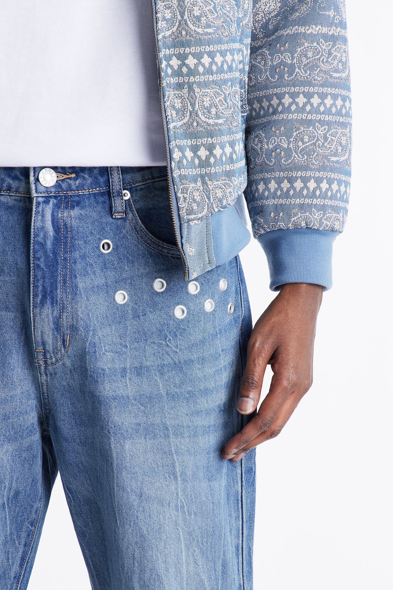 Stacked Slim Flare Laced In Metal Grommet Jean - Medium Blue Wash