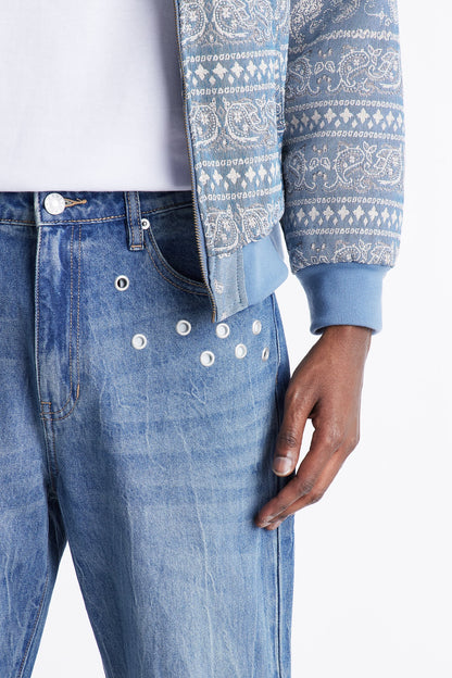 Stacked Slim Flare Laced In Metal Grommet Jean - Medium Blue Wash