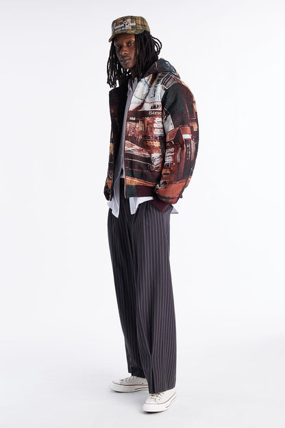Oversized Through The Night Tapestry Hooded Bomber Jacket - Burgundy