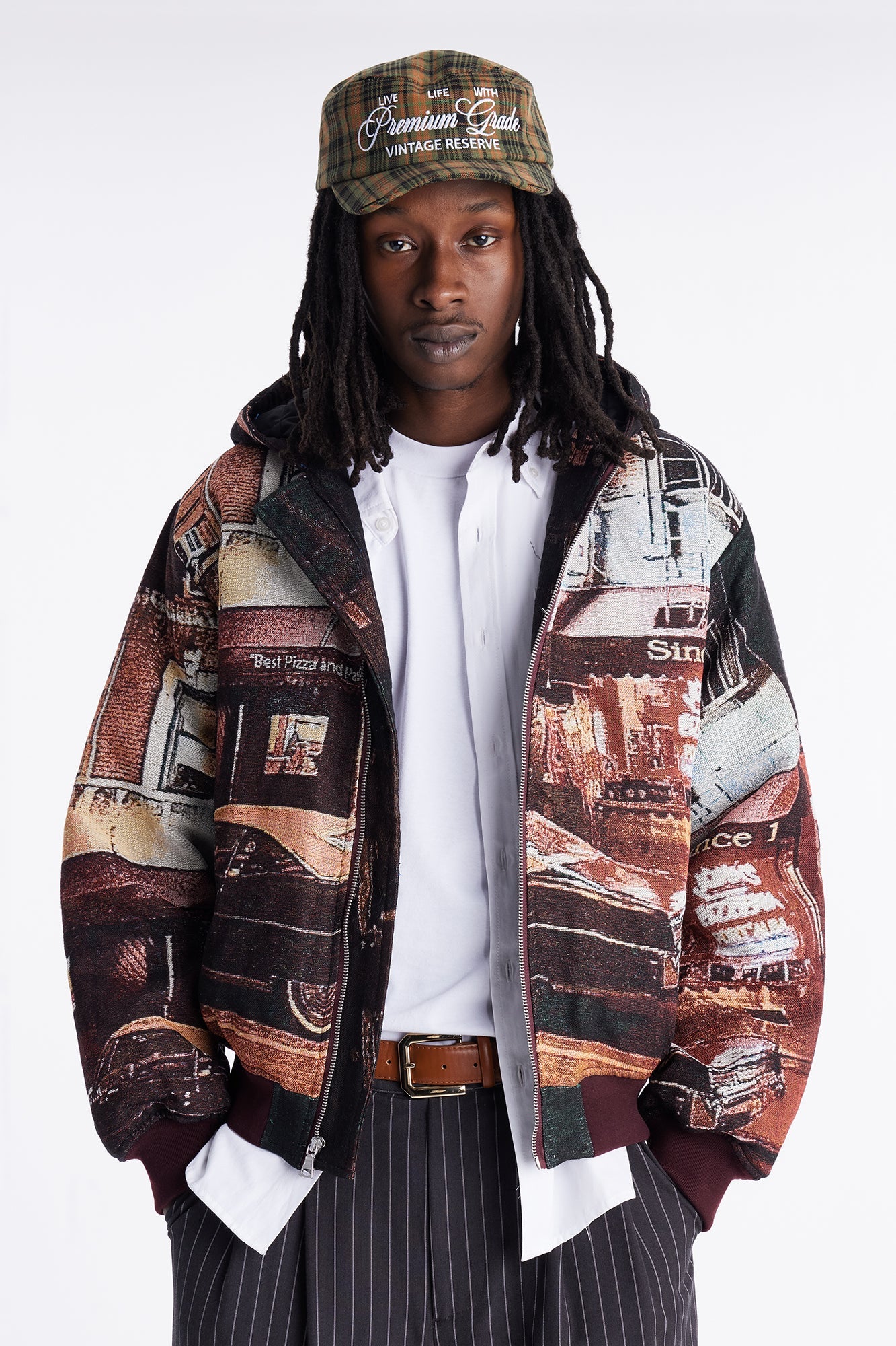 Oversized Through The Night Tapestry Hooded Bomber Jacket - Burgundy