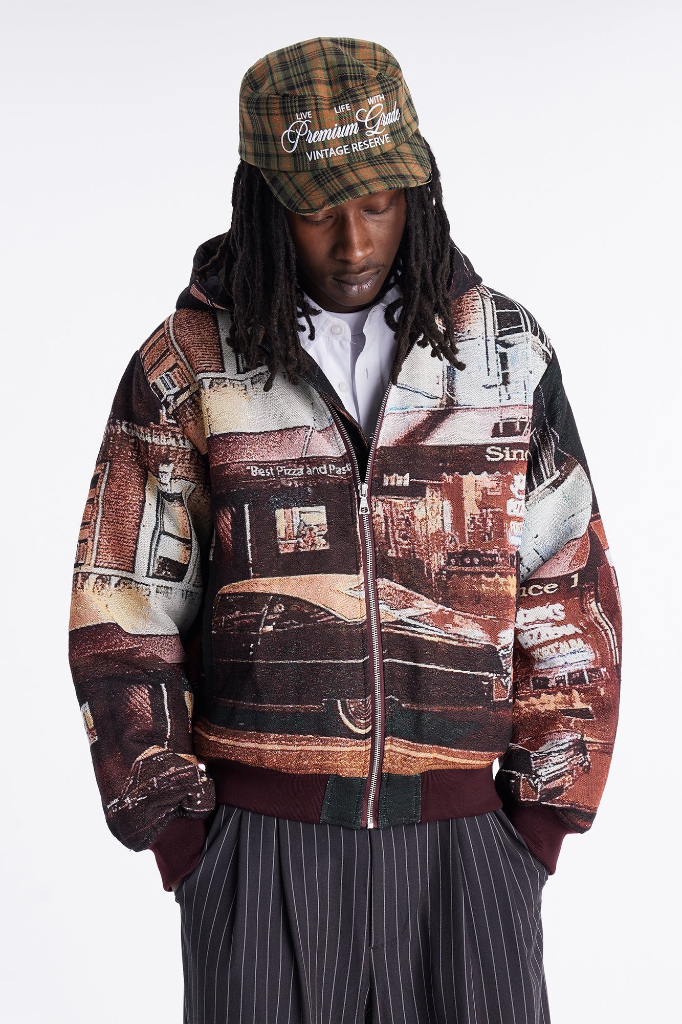 Oversized Through The Night Tapestry Hooded Bomber Jacket - Burgundy
