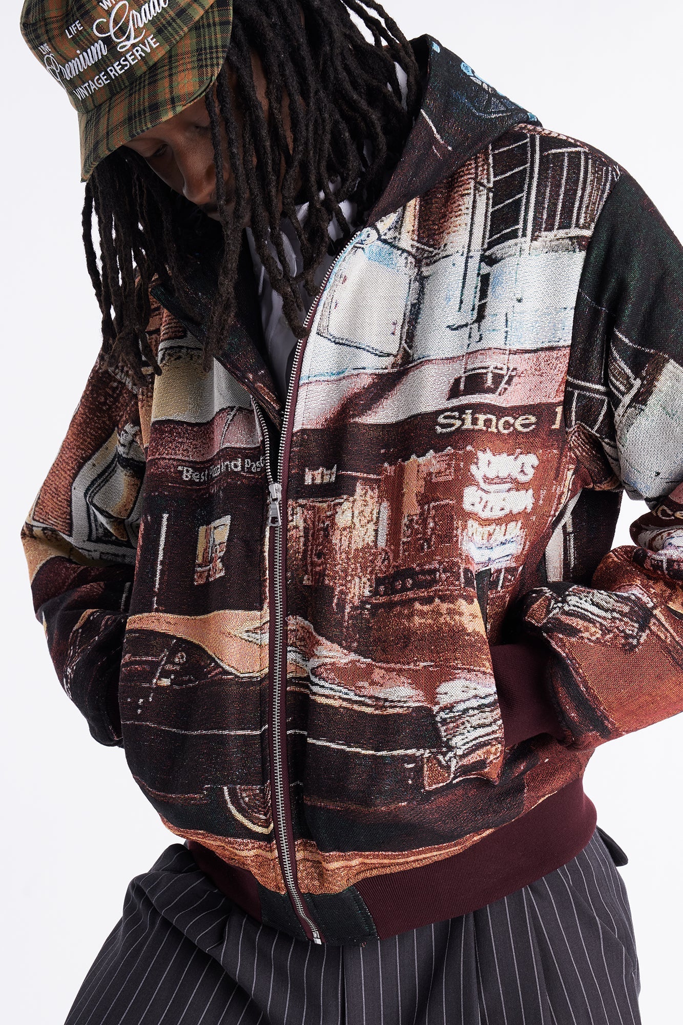 Oversized Through The Night Tapestry Hooded Bomber Jacket - Burgundy