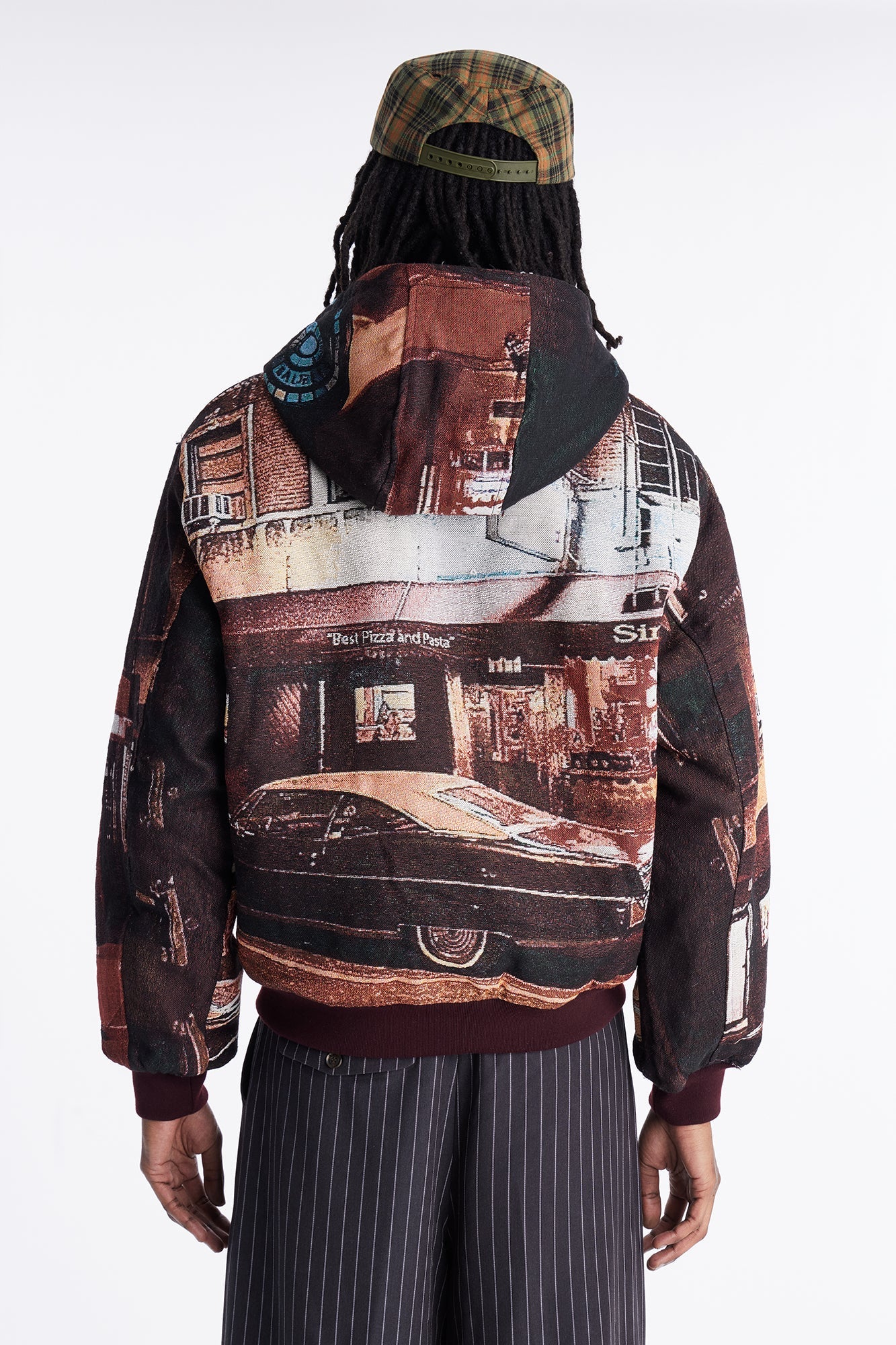 Oversized Through The Night Tapestry Hooded Bomber Jacket - Burgundy