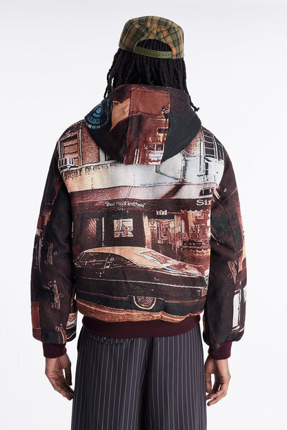 Oversized Through The Night Tapestry Hooded Bomber Jacket - Burgundy