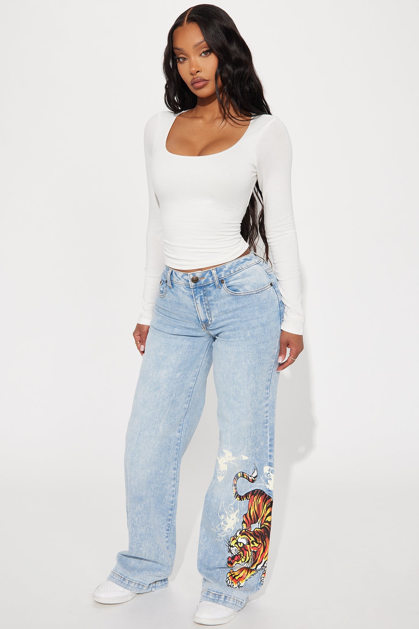 Ed Hardy Crawling Tiger Stretch Wide Leg Jeans - Light Wash