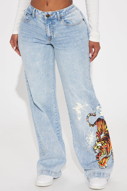 Ed Hardy Crawling Tiger Stretch Wide Leg Jeans - Light Wash