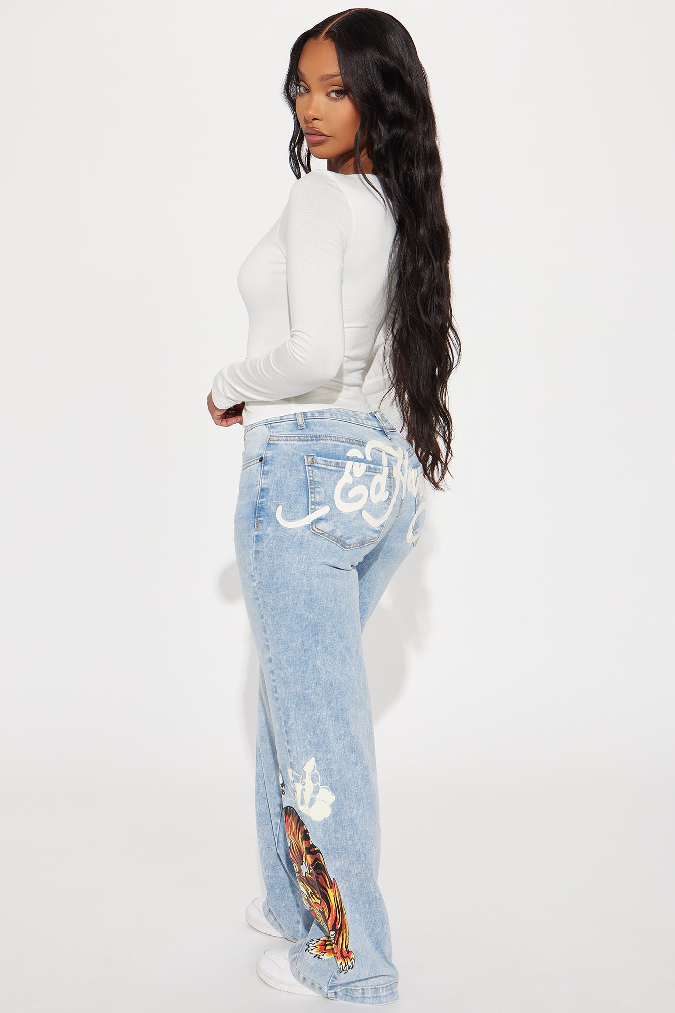 Ed Hardy Crawling Tiger Stretch Wide Leg Jeans - Light Wash