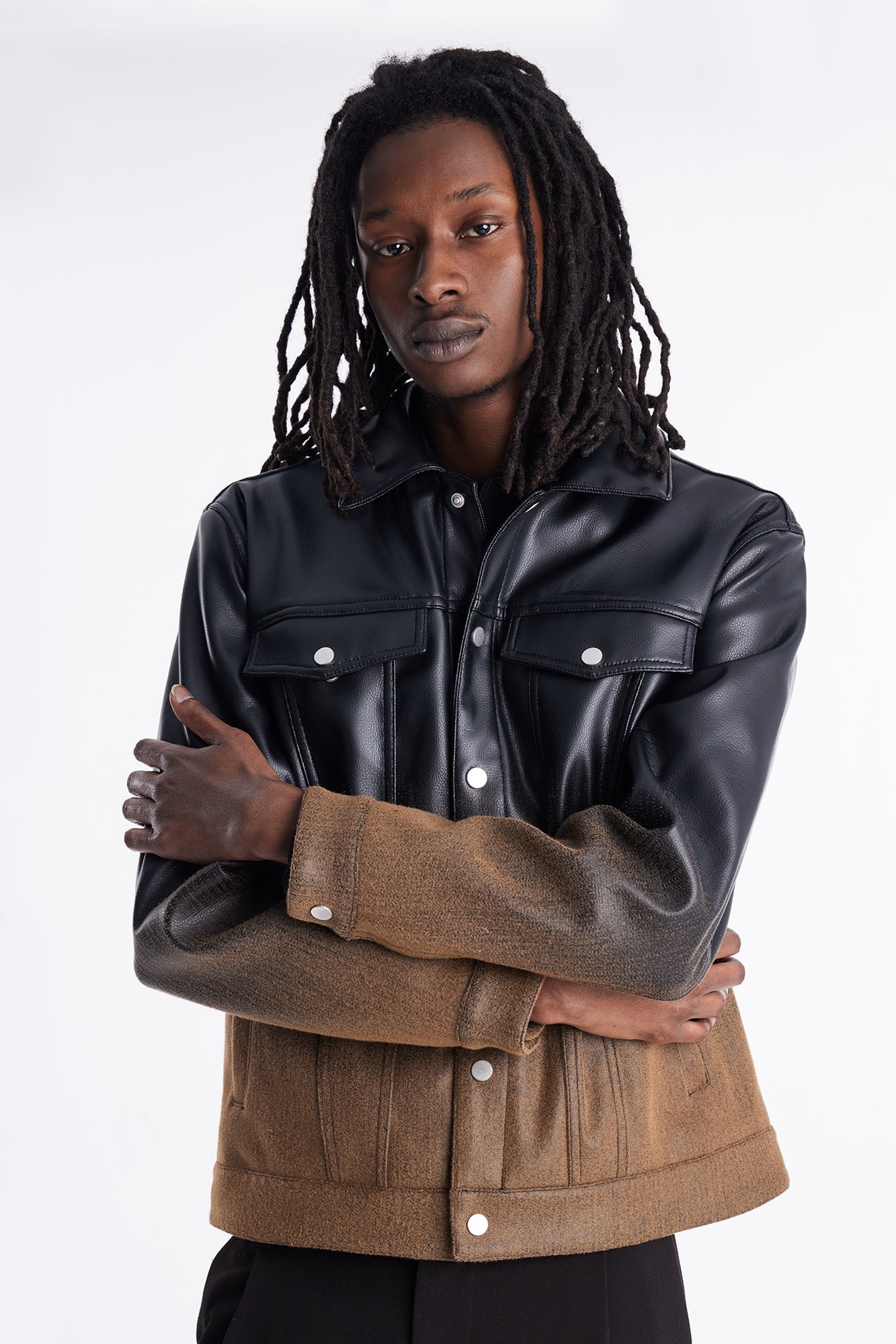 Ombre Faux Leather Trucker Jacket - Brown/combo