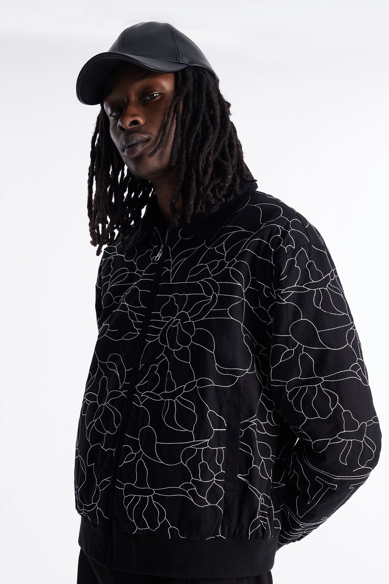 In Bloom Contrast Stitched Bomber Jacket - Black