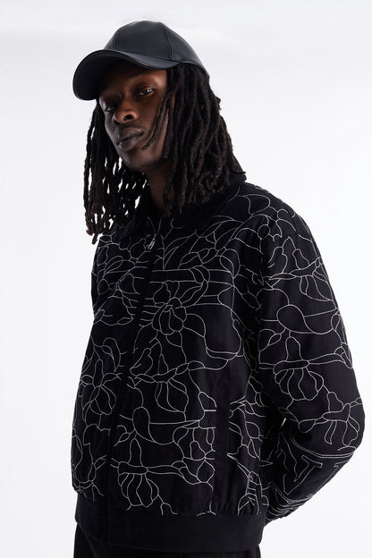In Bloom Contrast Stitched Bomber Jacket - Black