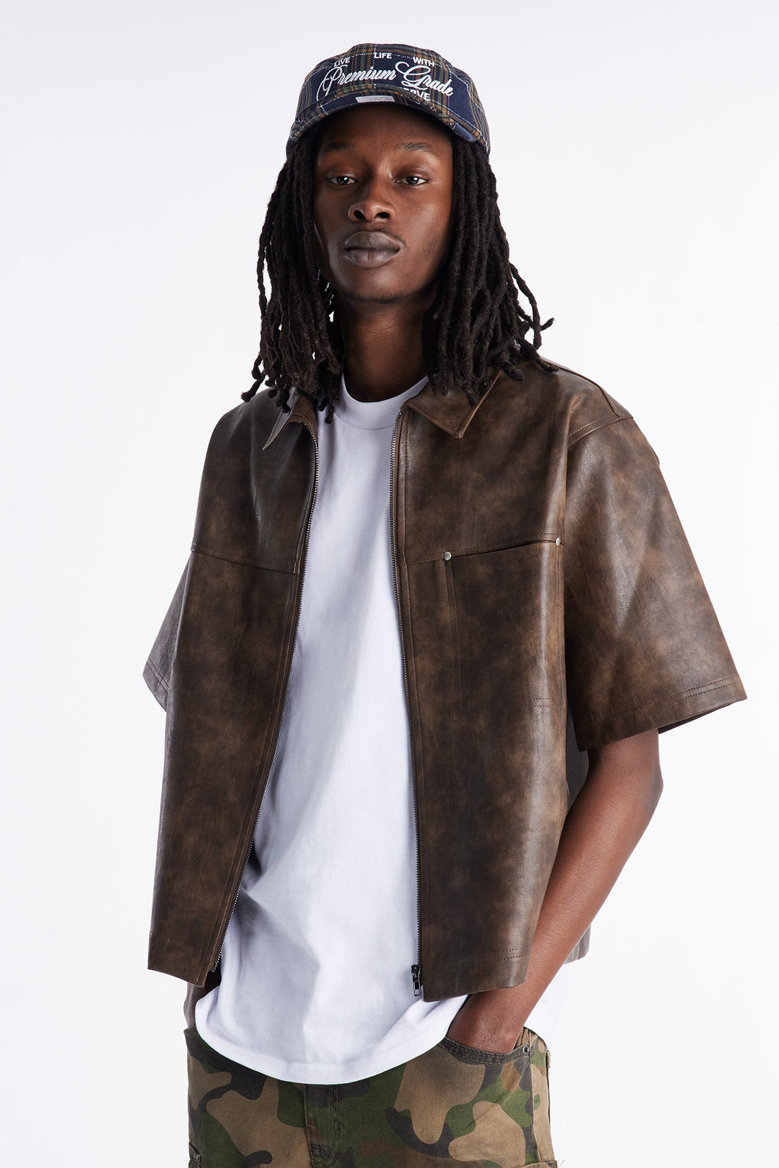 2 Stud Faux Leather Leather Zip Up Shirt - Brown