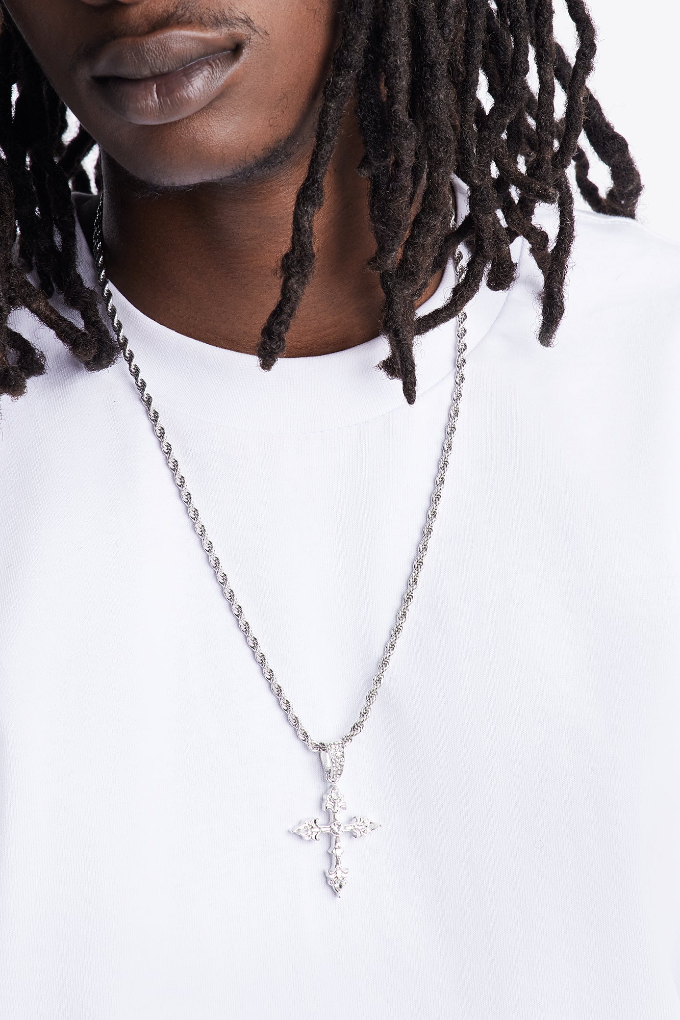 Medium Iced Cross Rope Chain Necklace - Silver