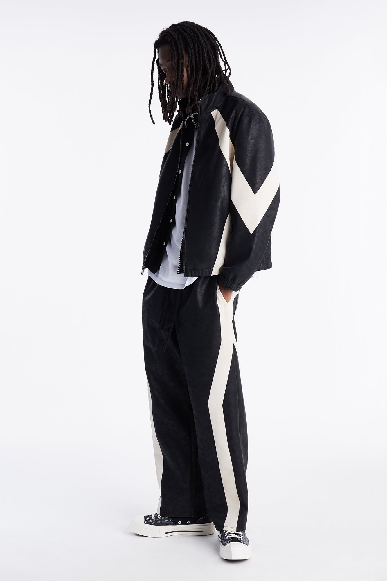 Faux Leather Maze Paneled Track Jacket - Black