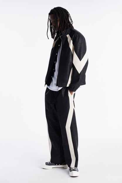 Faux Leather Maze Paneled Track Jacket - Black