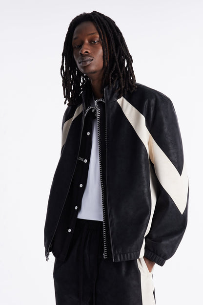 Faux Leather Maze Paneled Track Jacket - Black