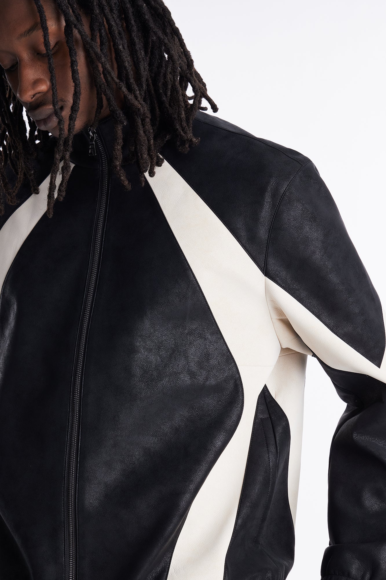 Faux Leather Maze Paneled Track Jacket - Black