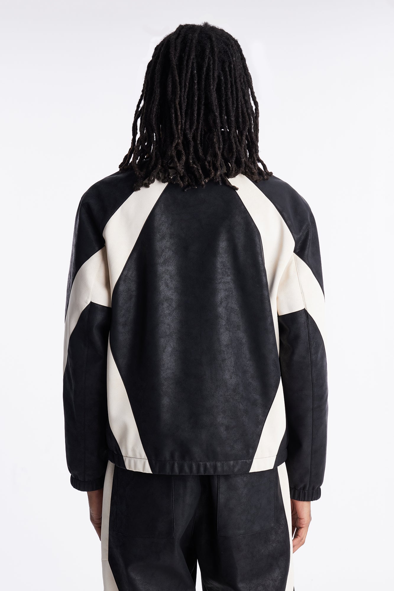 Faux Leather Maze Paneled Track Jacket - Black