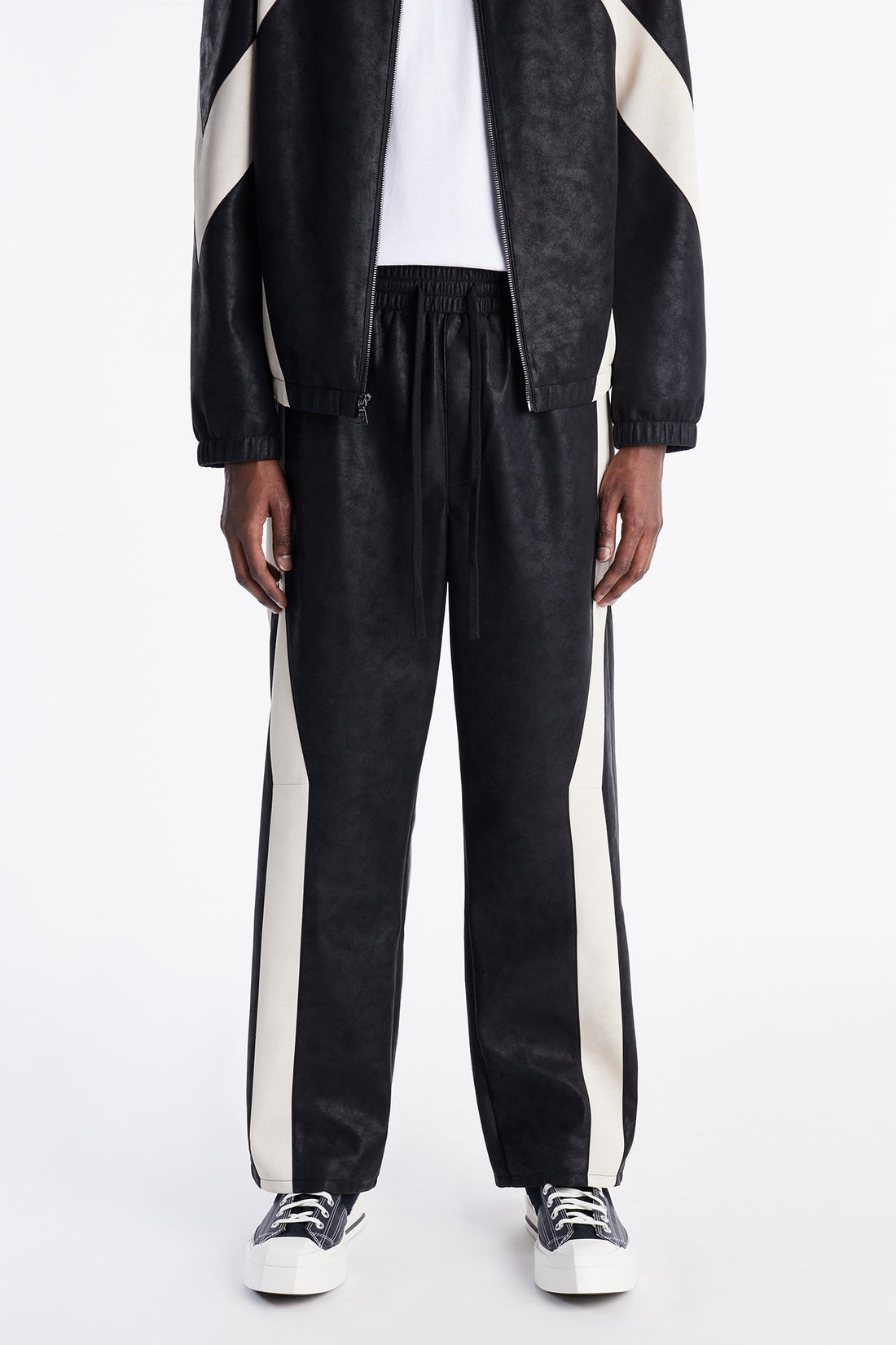 Baggy Faux Leather Maze Paneled Track Pant - Black