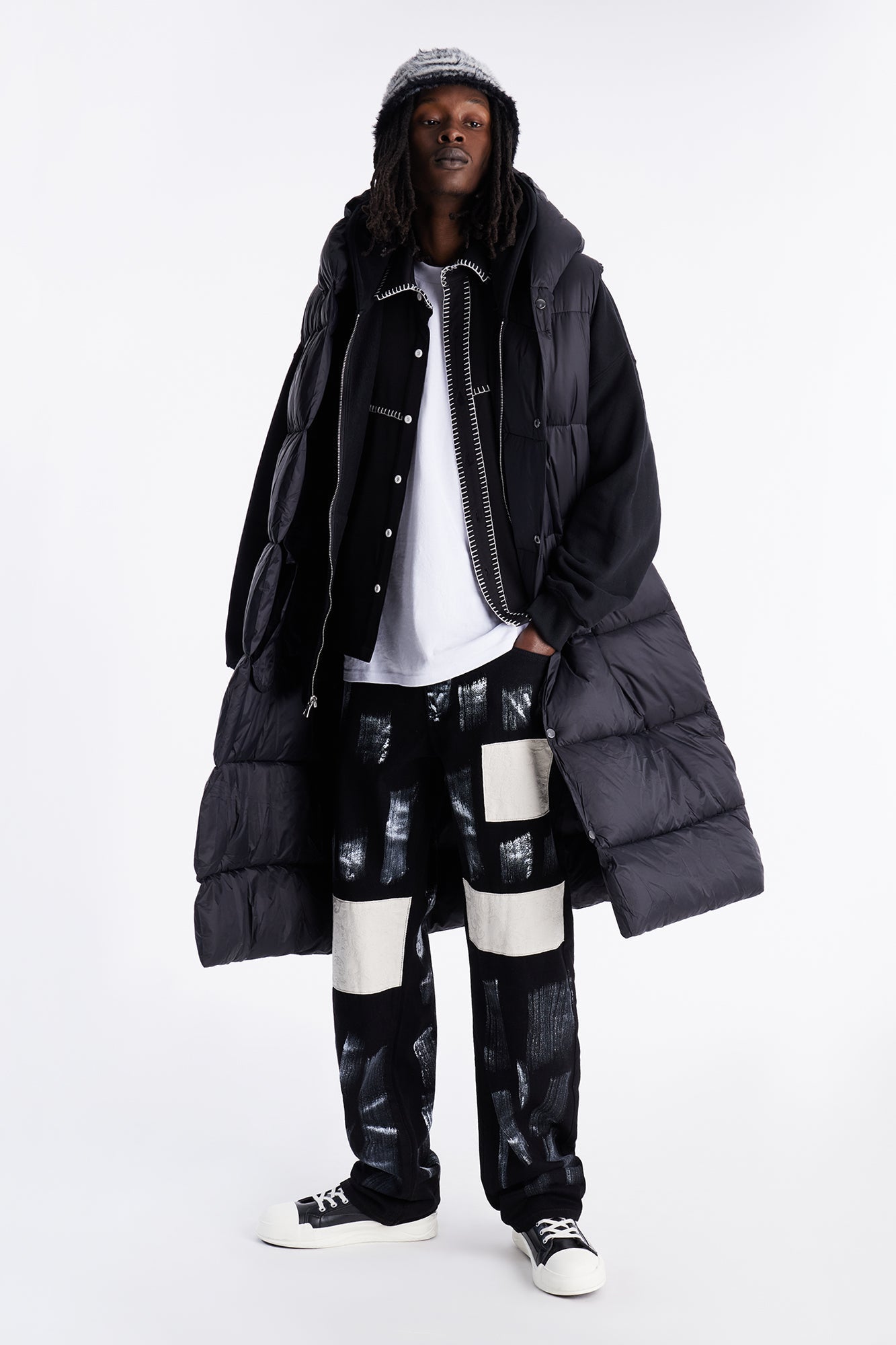Hooded Exaggerated Cocoon Long Puffer Vest - Black