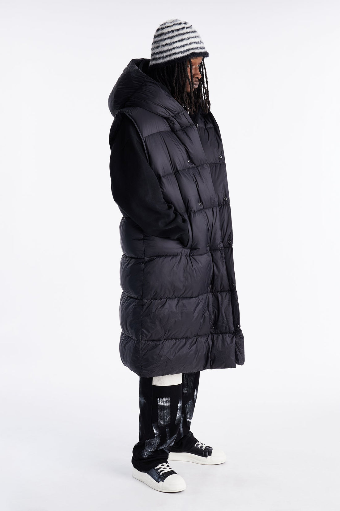 Hooded Exaggerated Cocoon Long Puffer Vest - Black