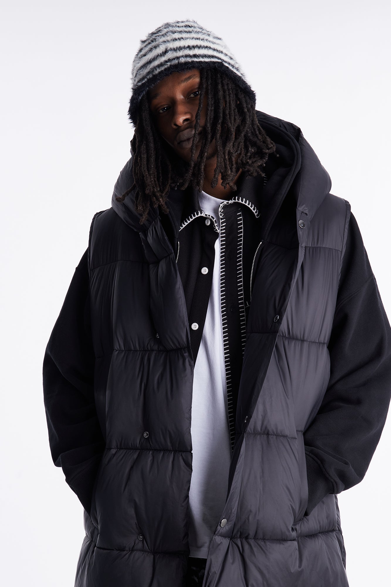 Hooded Exaggerated Cocoon Long Puffer Vest - Black