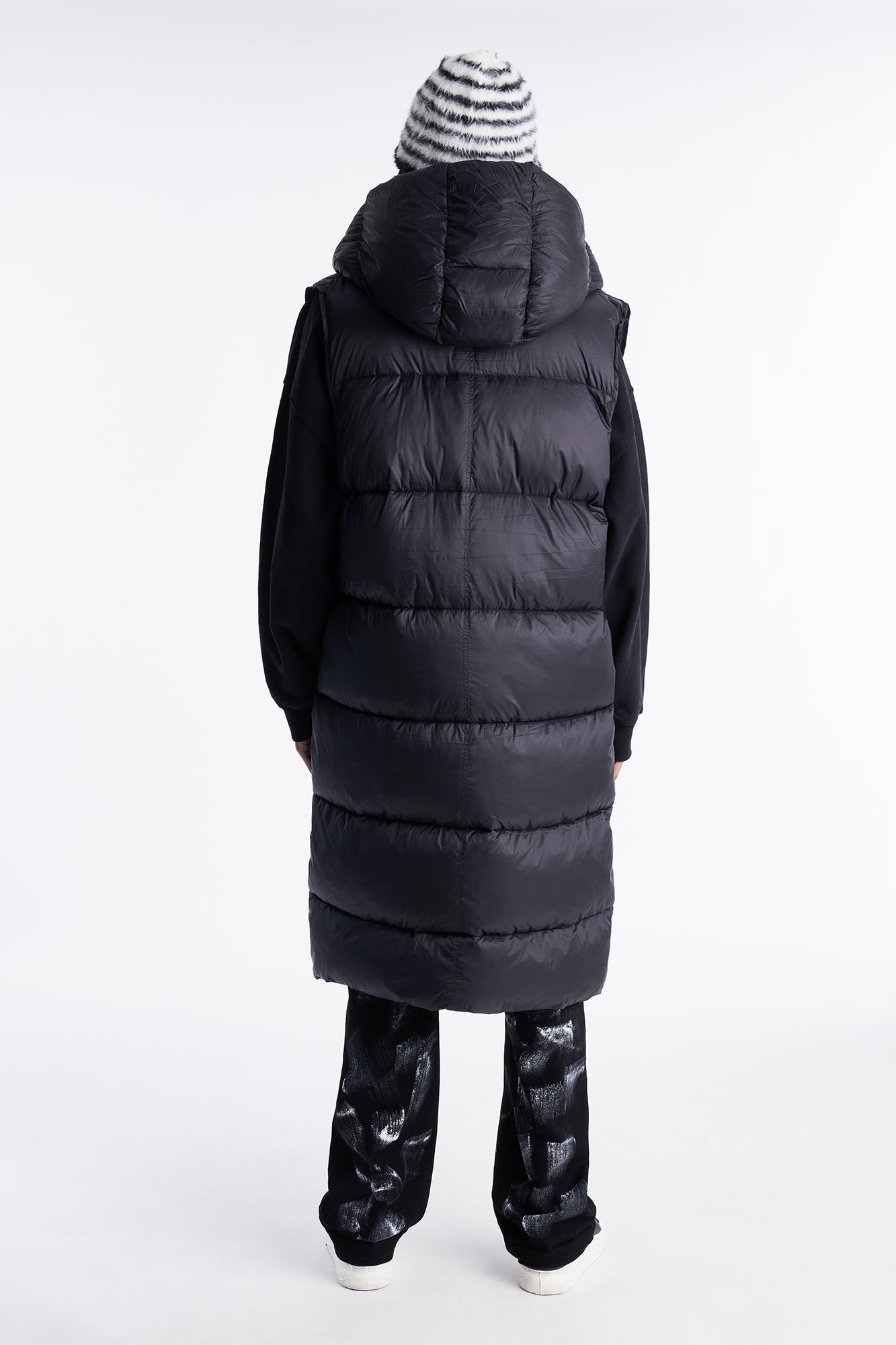 Hooded Exaggerated Cocoon Long Puffer Vest - Black