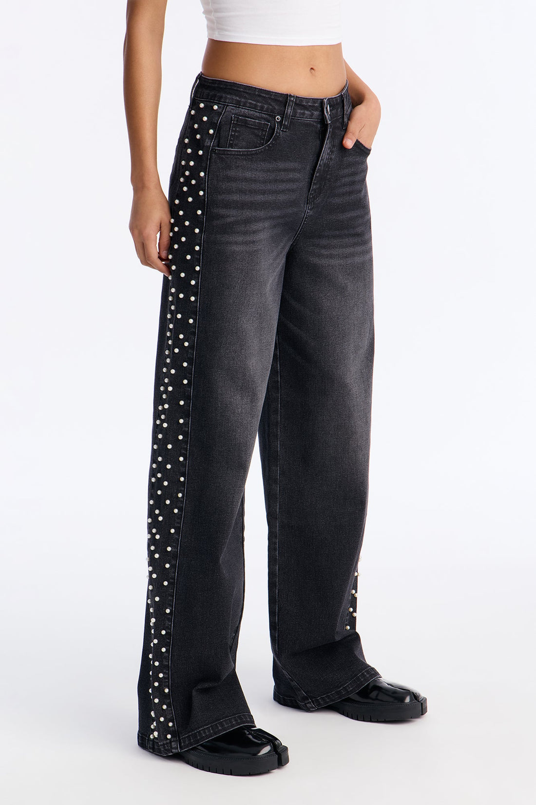 Pearls Of Wisdom Embellished Wide Leg Jeans - Black Wash