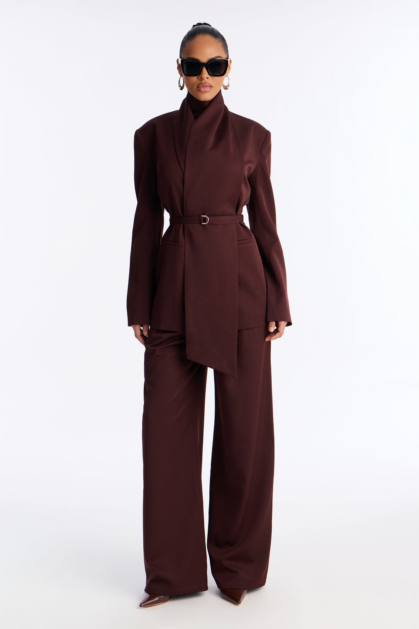 Not Your Secretary Scarf Belted Blazer - Wine