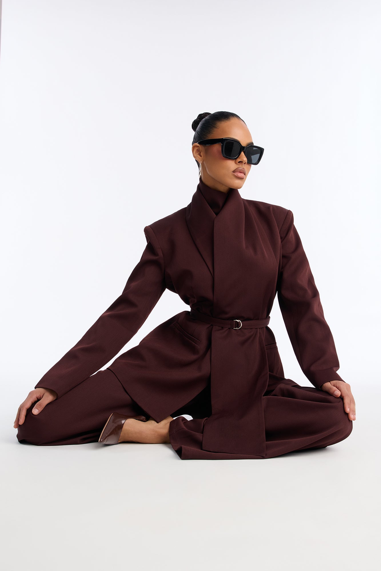 Not Your Secretary Scarf Belted Blazer - Wine
