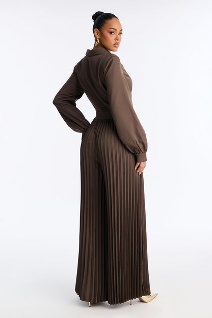 Office Ready Pleated Wide Leg Jumpsuit - Brown